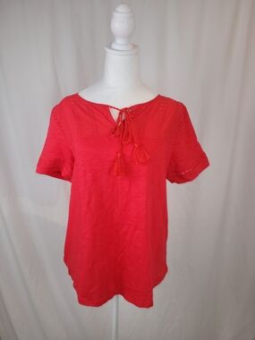 Hilary Radley Red Tassel Tie Eyelet Short-Sleeve Top